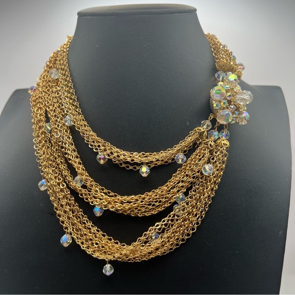 Vintage Jewelry - Striking Gold Tone Vintsge Multi-Strand Necklace with AB Clasp & Accents